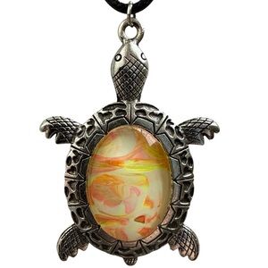 Handmade Sea Turtle Pendant Necklace Orange Yellow Swirl Art Cabochon 20” Cord